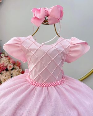Vestido Infantil Rosa Claro C/ Busto Nervura Daminhas Festas