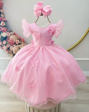 Vestido Infantil Rosa Jardim das Borboletas C/ Glitter Festas