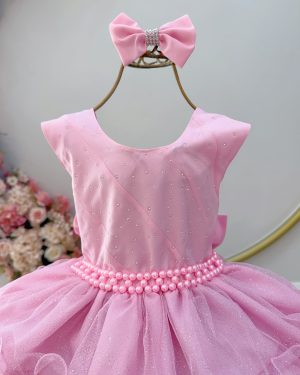 Vestido Infantil Rosa Saia C/ Babados e Glitter Daminha