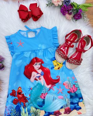 Vestido Infantil Trapézio da Ariel e Linguado Manga Flu-Flu