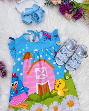 Vestido Infantil Trapézio da Galinha Pintadinha Manga Flu-Flu