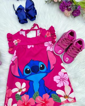 Vestido Infantil Trapézio Lilo Stitch e Angel Pink Manga Flu-Flu
