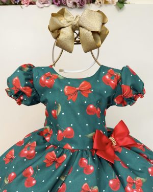 Vestido Infantil Verde Estampa Cereja Broche Daminhas Festas
