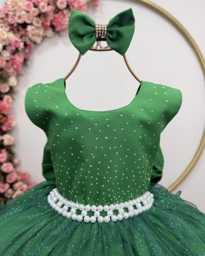 Vestido Infantil Verde Saia C/ Babados e Glitter Daminha