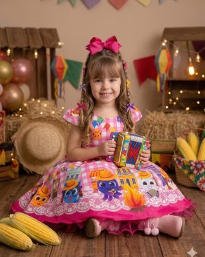 Vestido Junino Temáticos Kids Luxo Bolo Fofo Rosa