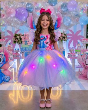 Vestido Tematicos Ysa Kids Lilo Stitch Rosa Bebe com Led