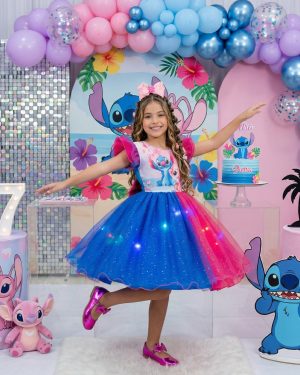 Vestido Tematicos Ysa Kids Lilo Stitch Pink e Azul com Led