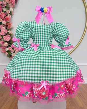 Vestido Infantil Junino Arraiá Caipira Xadrez Verde Florido