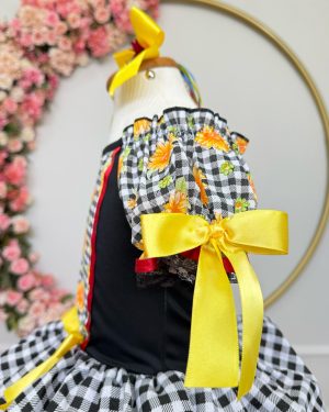 Vestido Infantil Junino Arraiá Preto Xadrez Girassol Babados