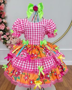 Vestido Infantil Junino Caipira Xadrez Rosa Flores Coloridas