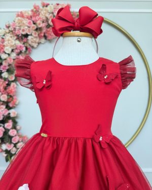 Vestido Infantil Vermelho Jardim Encantado Apliques Festas