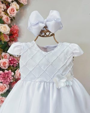 Vestido Bebê Branco Busto Com Nervuras Batizado Luxo