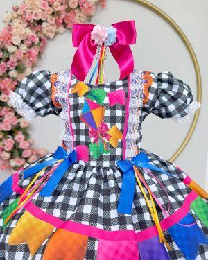 Vestido Infantil Junino Caipira Arraiá Preto Xadrez Colorido
