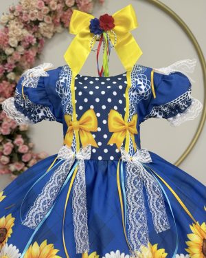 Vestido Infantil Junino Caipira Festas Azul Colorido Florido
