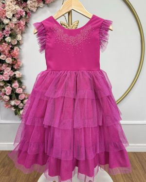 Vestido Infantil Pink Busto C/ Strass Saia Babados Daminhas