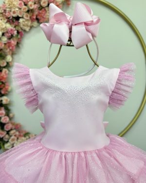 Vestido Infantil Rosa Claro Busto Strass Saia Babados Daminhas