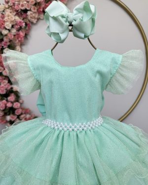 Vestido Infantil Verde Menta Saia C/ Babados e Glitter Festas