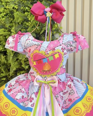 Vestido Infantil Junino Caipira Arraiá Festas Rosa e Azul