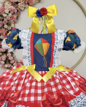 Vestido Infantil Junino Caipira São João Azul Xadrez Colorido