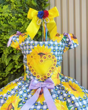Vestido Infantil Junino Caipira Arraiá Azul Colorido Girassol