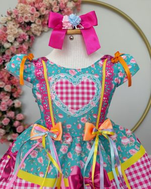 Vestido Infantil Junino Caipira Arraiá Verde e Xadrez Rosa