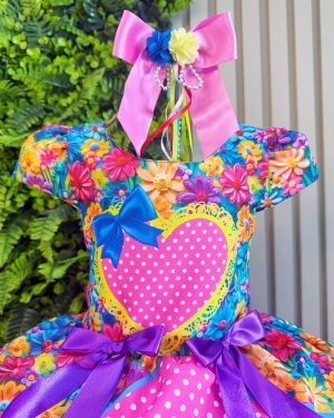Vestido Infantil Junino Caipira Arraiá Rosa Chiclete Colorido