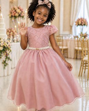 Vestido Infantil Longo Rose Busto Nervura Festas Daminhas