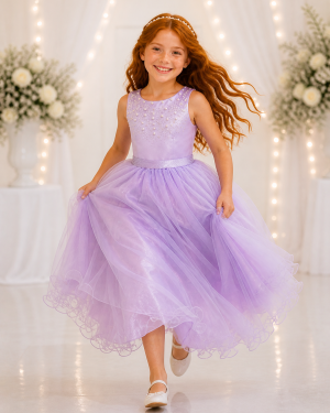 Vestido Infantil Longo Lilás Pérolas e Strass Damas Luxo