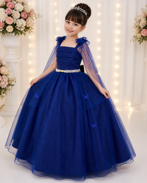 Vestido Infantil Longo Azul Royal C/ Aplique Borboletas Festas