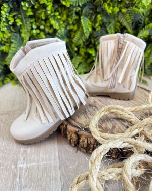 Bota Infantil Off White Bege Claro Cowgirl Franjas Camurça