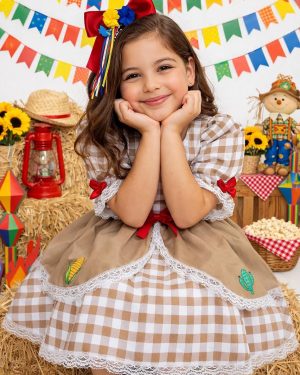 Vestido Infantil Junino Arraiá Caipira  Xadrez Marrom