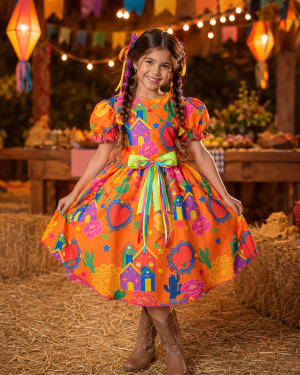 Vestido Infantil Junino Arraiá Cor Laranja Festa São João