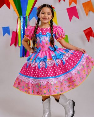 Vestido Infantil Junino Arraiá Rosa Chiclete Festa São João