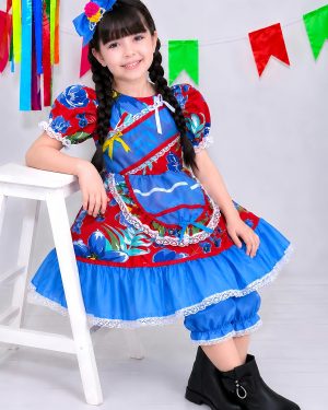 Vestido Infantil Junino Arraiá Vermelho e Azul Colorido