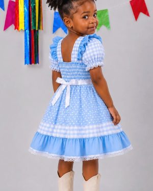 Vestido Junino Infantil Azul Bebê Xadrez com Corações e Renda