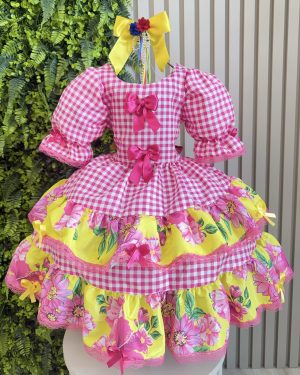 Vestido Infantil Junino Caipira Xadrez Rosa e Amarelo Florido