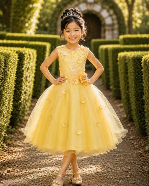 Vestido Infantil Amarelo Rendado Luxo Flores em Aplique