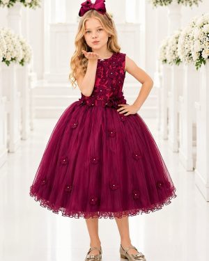 Vestido Infantil Marsala Rendado Luxo Flores em Aplique