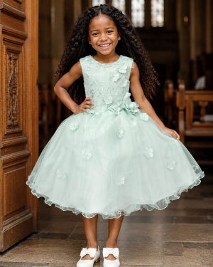 Vestido Infantil Verde Acqua C/ Renda e Aplique de Flores Damas