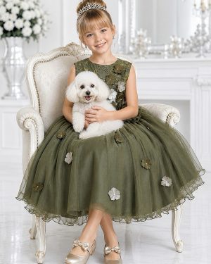 Vestido Infantil Verde Olivia C/ Renda e Aplique de Flores Damas