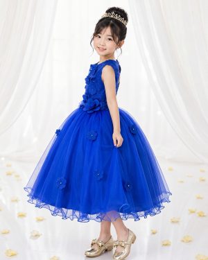 Vestido Infantil Azul Royal C/ Renda e Aplique de Flores Damas