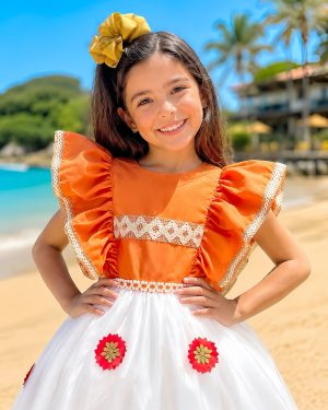 Vestido Infantil da Moana Laranja C/ Apliques de Flores Festa
