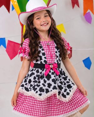 Vestido Infantil Xadrez Pink Fazendinha Vaquinha Boiadeira Laço