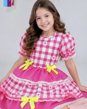 Vestido Junino Infantil Pink Xadrez com Corações e Laços