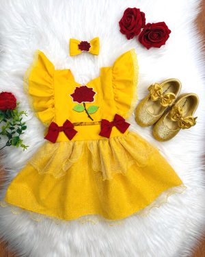 Romper Infantil Temático Princesa Bela Amarelo C/ Laço de Cabelo