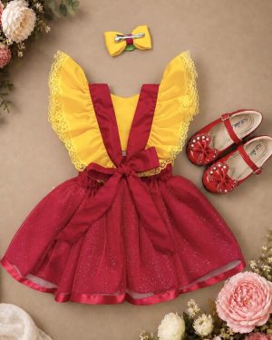 Romper Melancia Amarelo e Vermelho  com Laço Luxo