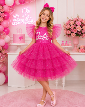 Vestido infantil da Barbie Pink Glitter Luxo