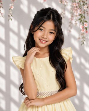 Vestido Longo Daminhas, Infantil Amarelo em Poliéster, Busto Nervura Daminhas Luxo