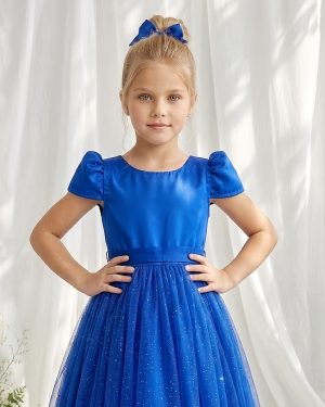 Vestido Infantil Azul Royal Longo de Princesa Brilhante e Mangas