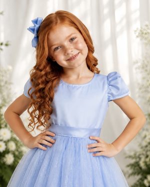 Vestido Infantil Azul Bebe Longo de Princesa Brilhante e Mangas